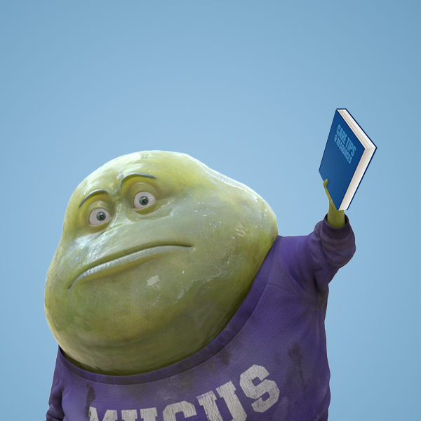 Mascot Mr. mucus holding book in hand name care tips.