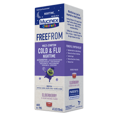 Children's FreeFrom Multi-Symptom Cold & Flu Nighttime Liquid, Elderberry & Cherry Natural Flavor - Right Side Corner View