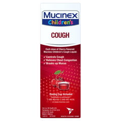 Children's Cough Liquid, Cherry Flavor angled on its right side