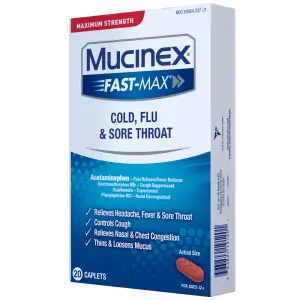 Maximum Strength Mucinex® Fast-Max® Cold, Flu & Sore Throat Caplets packshot rightside