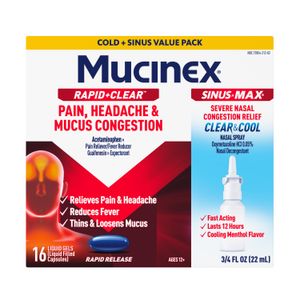 Mucinex Rapid+Clear Pain, Headache & Mucus Congestion liquid gels + Mucinex® Sinus-Max® Clear & Cool Nasal Spray 16ct + 0.75oz