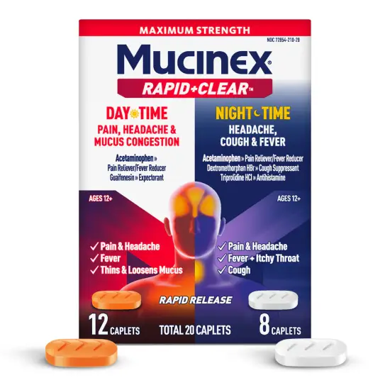 Mucinex® Rapid Clear® DayTime Pain, Headache & Mucus congestion + NightTime headache, cough & fever Caplets